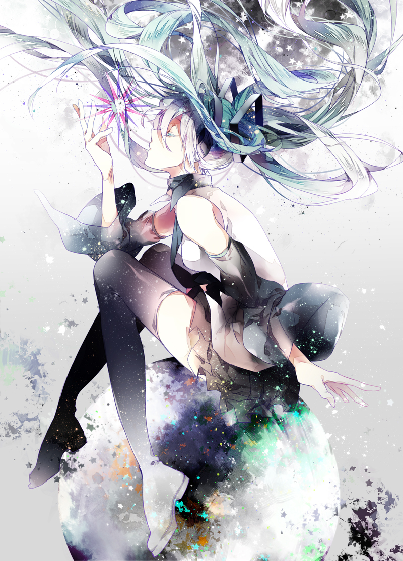 7th, Dragon, Vocaloid, Hatsune, Miku, boots, crossover, green, hair, headphones, long, skirt, stars, twin, tails, , , anime, picture, , |, , , pictures