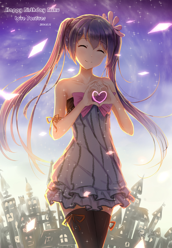 Vocaloid, Hatsune, Miku, blush, dress, green, hair, heart, long, ribbon, smile, thigh, highs, twin, tails, ^_^, , , anime, picture, , |, , , pictures