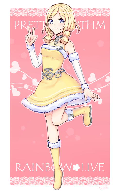 Pretty, Rhythm, Rainbow, Live, Takanashi, Otoha, blonde, hair, boots, dress, heart, music, purple, eyes, ribbon, short, smile, twin, tails, , , anime, picture, , |, , , pictures