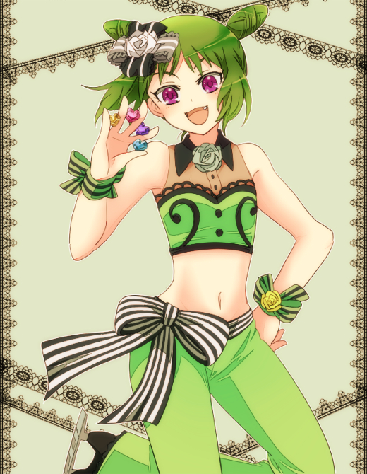 Pretty, Rhythm, Rainbow, Live, Morizono, Wakana, fang, flower, green, hair, happy, odango, pants, purple, eyes, ribbon, short, , , anime, picture, , |, , , pictures