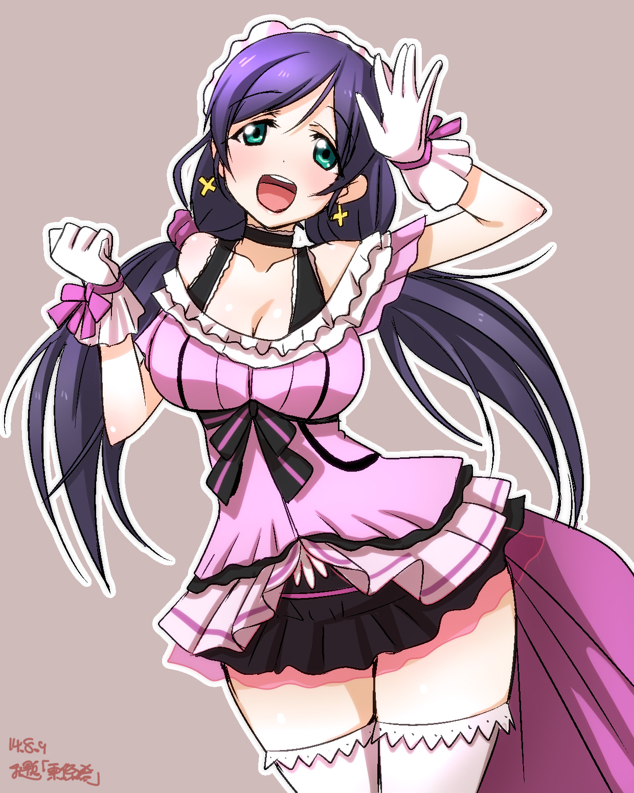 Love, Live, School, Idol, Project, Toujou, Nozomi, choker, dress, gloves, green, eyes, happy, headdress, jewelry, long, hair, purple, ribbon, thigh, highs, twin, tails, , , anime, picture, , |, , , pictures