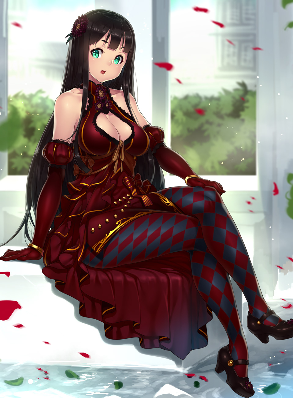 Anime, CG, Pictures, black, hair, dress, flower, gloves, green, eyes, high, heels, long, pantyhose, water, , , picture, , |, , 