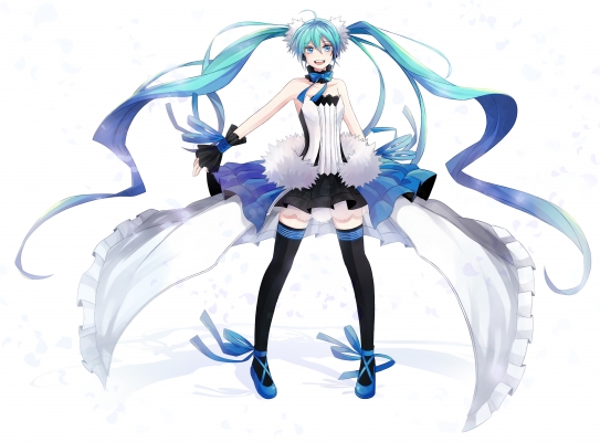 7th Dragon 2020 Vocaloid : Hatsune Miku 183415
 670046  vocaloid  hatsune miku   ( Anime CG Anime Pictures      ) 183415   : DH  Pixiv 5036191 
ahoge blue hair choker crossover dress green happy thigh highs twin tails   anime picture
