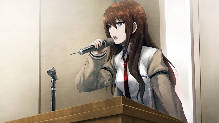 Steins,Gate : Makise Kurisu 183608
 670238  steins gate  makise kurisu   ( Anime CG Anime Pictures      ) 183608   : Huke
brown hair jacket long microphone purple eyes tie wallpaper   anime picture