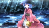 Touhou : Sukuna Shinmyoumaru 183609
blue hair blush happy hat kimono red eyes short skirt tree water weapon   anime picture