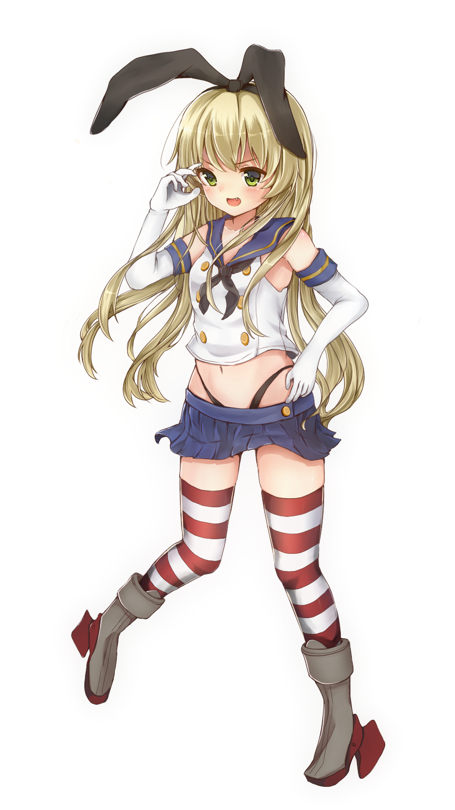 Kantai, Collection, Shimakaze, anthropomorphism, bikini, blonde, hair, blush, boots, fang, gloves, green, eyes, band, happy, long, skirt, thigh, highs, , , anime, picture, , |, , , pictures