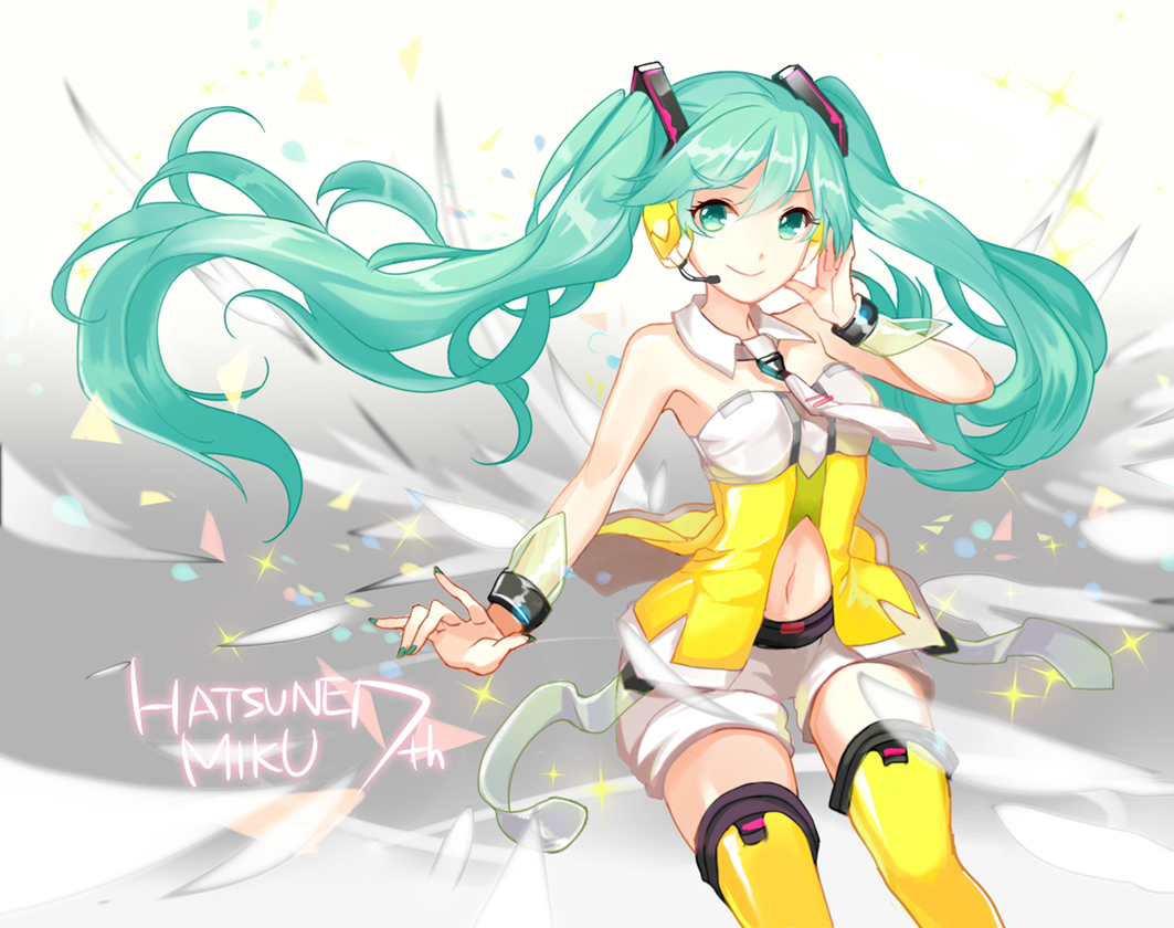 Vocaloid, Hatsune, Miku, green, eyes, hair, headphones, long, microphone, nail, polish, shorts, smile, thigh, highs, twin, tails, , , anime, picture, , |, , , pictures