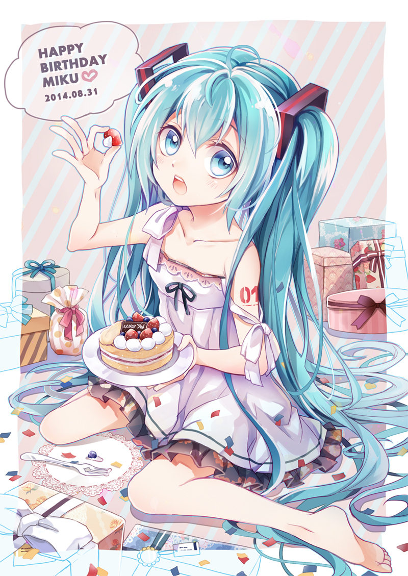 Vocaloid, Hatsune, Miku, barefoot, birthday, blue, eyes, hair, blush, cake, dress, eating, ribbon, tattoo, twin, tails, , , anime, picture, , |, , , pictures