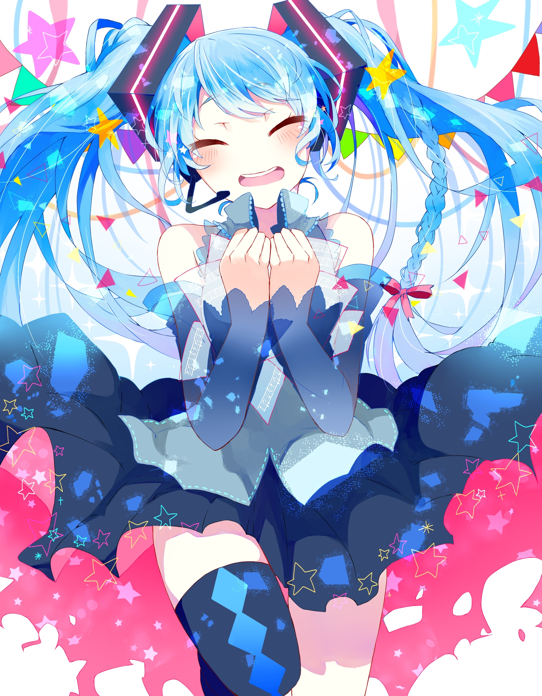 Vocaloid, Hatsune, Miku, blue, hair, blush, braids, happy, headphones, long, microphone, ribbon, skirt, stars, thigh, highs, twin, tails, ^_^, , , anime, picture, , |, , , pictures