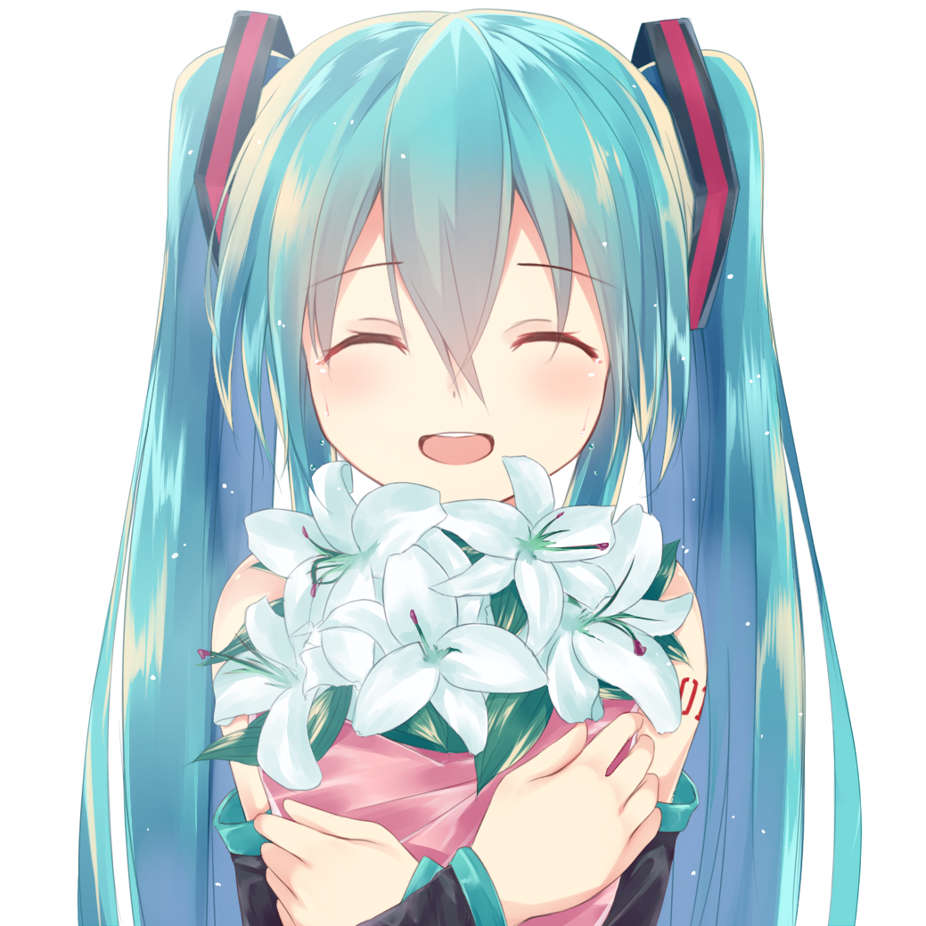 Vocaloid, Hatsune, Miku, blue, hair, blush, crying, flower, happy, long, tattoo, twin, tails, ^_^, , , anime, picture, , |, , , pictures