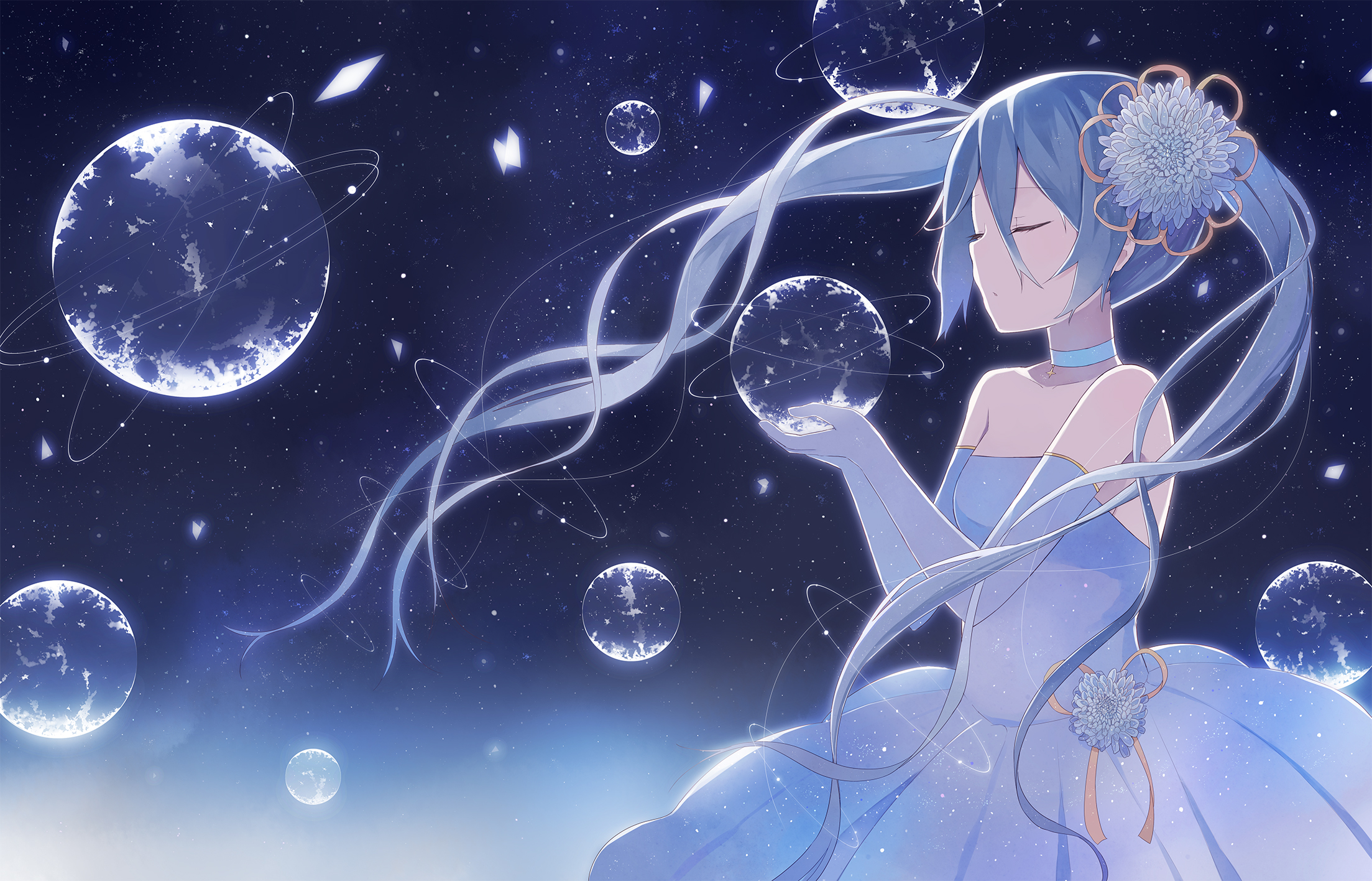 Vocaloid, Hatsune, Miku, blue, hair, choker, dress, flower, gloves, long, night, twin, tails, , , anime, picture, , |, , , pictures