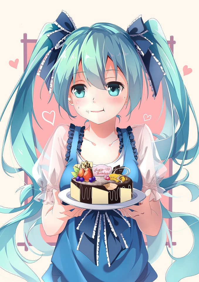 Vocaloid, Hatsune, Miku, birthday, blue, eyes, hair, blush, cake, dress, eating, heart, long, ribbon, twin, tails, , , anime, picture, , |, , , pictures