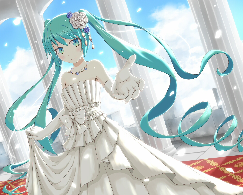 Vocaloid, Hatsune, Miku, blush, dress, gloves, green, eyes, hair, jewelry, long, ribbon, smile, twin, tails, , , anime, picture, , |, , , pictures