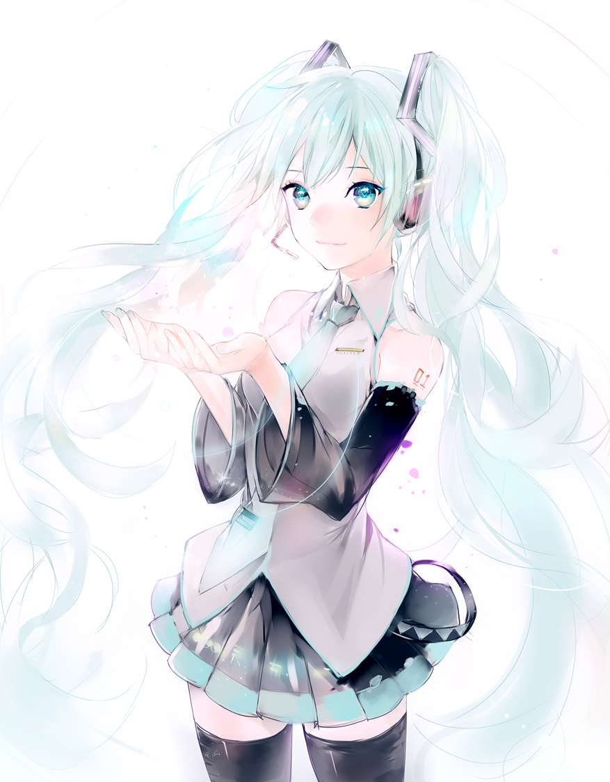 Vocaloid, Hatsune, Miku, blue, eyes, hair, headphones, long, skirt, smile, thigh, highs, twin, tails, , , anime, picture, , |, , , pictures