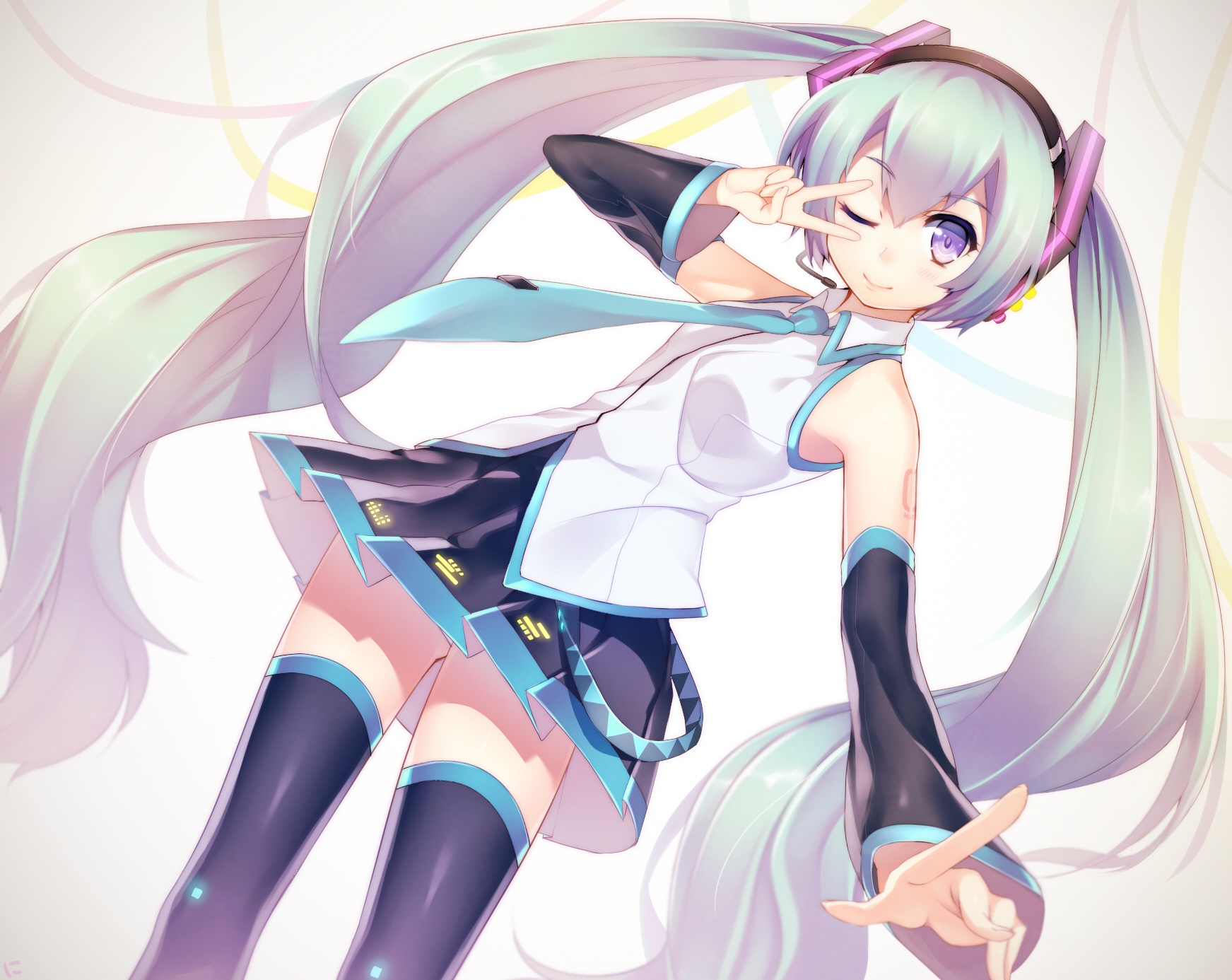 Vocaloid, Hatsune, Miku, blue, eyes, hair, blush, headphones, long, microphone, skirt, smile, tattoo, thigh, highs, twin, tails, wink, , , anime, picture, , |, , , pictures