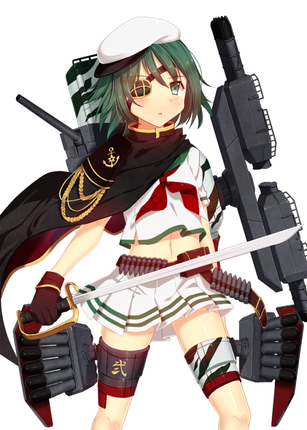 Kantai, Collection, Kiso, anthropomorphism, blush, eyepatch, gloves, green, eyes, hair, short, sword, uniform, weapon, , , anime, picture, , |, , , pictures