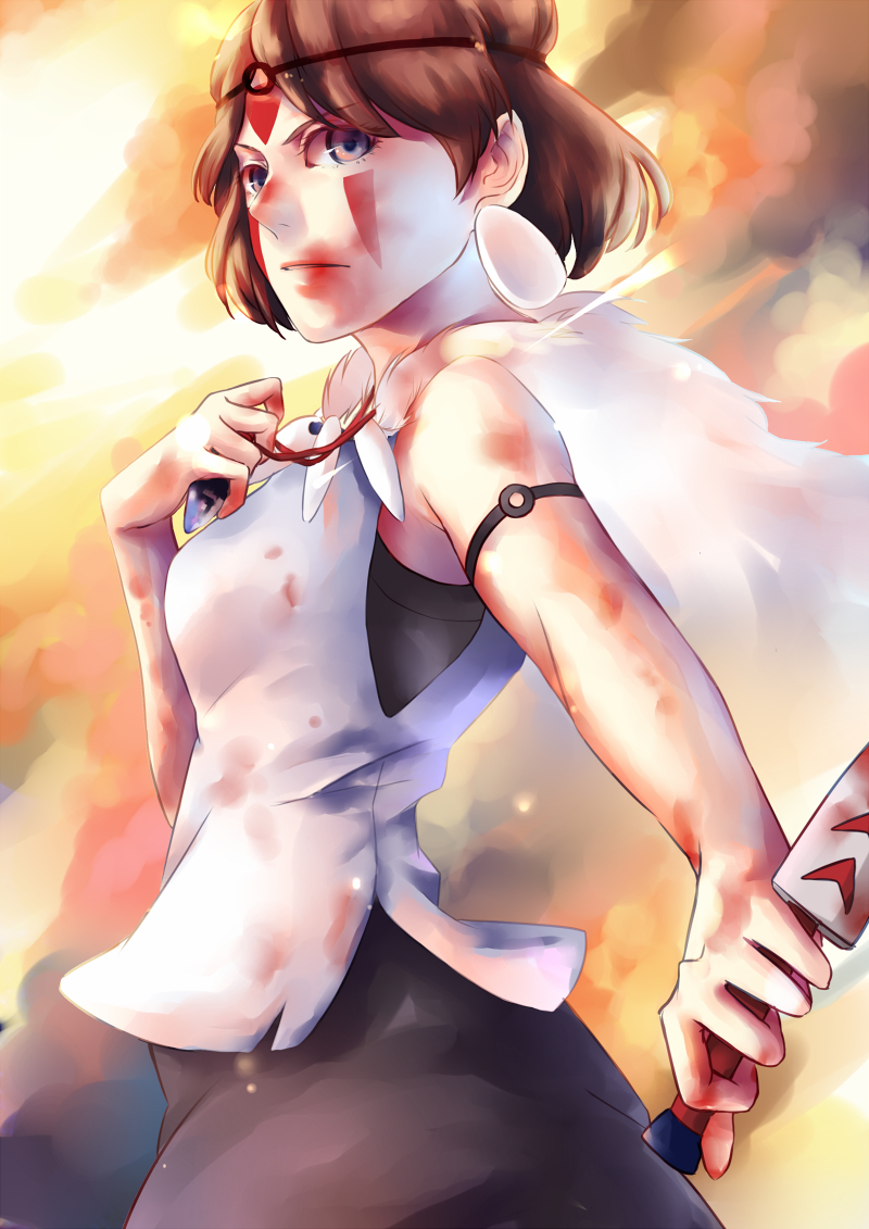 Mononoke, Hime, San, blue, eyes, brown, hair, dress, jewelry, short, tattoo, weapon, , , anime, picture, , |, , , pictures