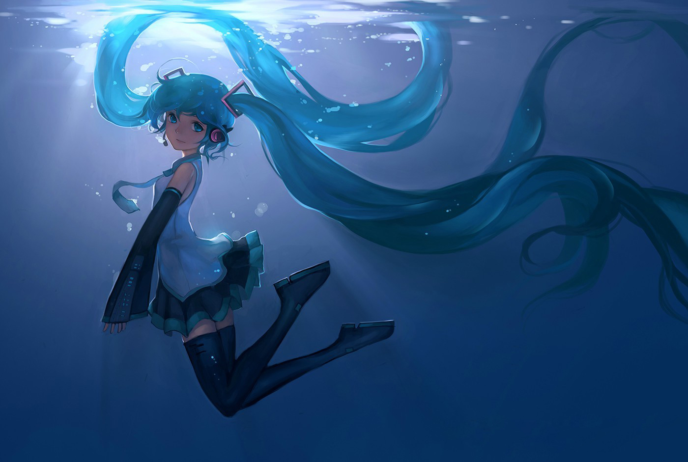 Vocaloid, Hatsune, Miku, ahoge, blue, eyes, hair, boots, headphones, microphone, skirt, smile, twin, tails, underwater, , , anime, picture, , |, , , pictures