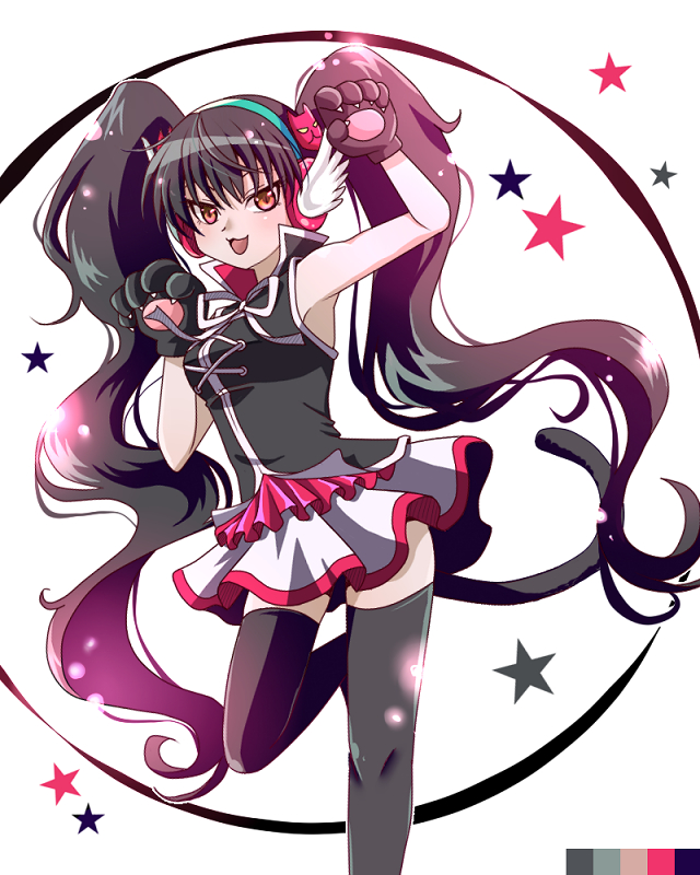Hoozuki, Reitetsu, Miki, black, hair, gloves, headphones, long, ribbon, skirt, stars, thigh, highs, twin, tails, , , anime, picture, , |, , , pictures