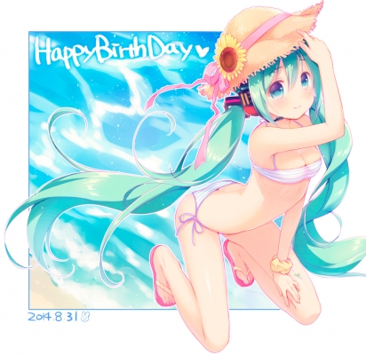 Vocaloid : Hatsune Miku 183746
 670388  vocaloid  hatsune miku   ( Anime CG Anime Pictures      ) 183746   : Usashiro Mani
bikini blue eyes hair blush flower green hat headphones heart jewelry long microphone ribbon sandals smile summer twin tails water   anime picture