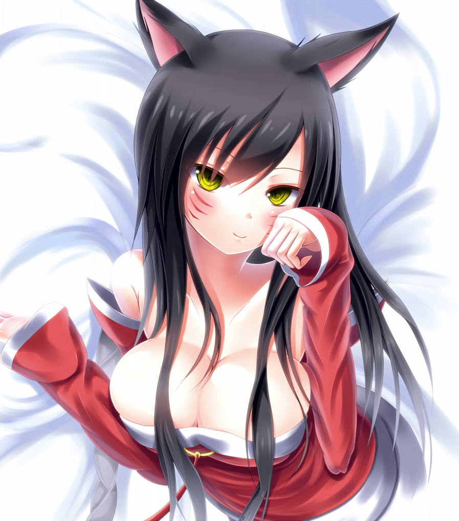 League, Legends, Ahri, black, hair, blush, kitsune, mimi, long, smile, tail...