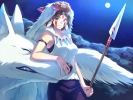 Mononoke Hime : San 173086
blue eyes brown hair hat inu jewelry moon night polearm short sky smile   anime picture