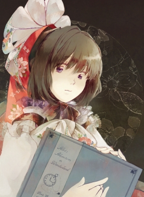 Alice in Wonderland :  181542
 668146  alice in wonderland   ( Anime CG Anime Pictures      ) 181542   : Tomoyoshi
book brown hair crossover purple eyes ribbon short   anime picture