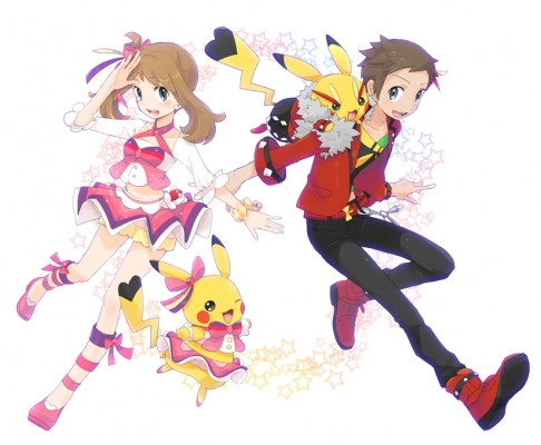 Pokemon : Brendan Haruka May Pikachu Yuuki 181572
 668173  pokemon  brendan haruka may pikachu yuuki   ( Anime CG Anime Pictures      ) 181572   : Niimura
animal blush brown hair grey eyes happy jacket jewelry pants ribbon short shorts side tail skirt stars wink   anime picture