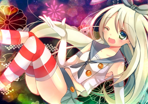 Kantai Collection : Shimakaze 181580
 668182  kantai collection  shimakaze   ( Anime CG Anime Pictures      ) 181580   : nan  
anthropomorphism bikini blonde hair gloves green eyes band hanabi happy long skirt thigh highs wink   anime picture