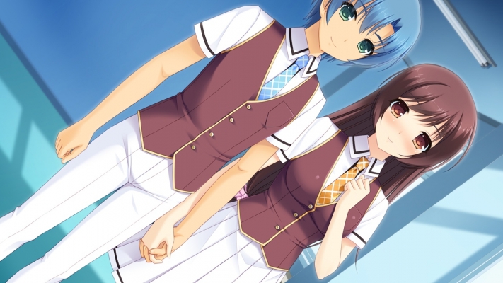 Saimin Enbu : Aoba Asuka 181608
 668211  saimin enbu  aoba asuka   ( Anime CG Anime Pictures      ) 181608   : Sayori
blue eyes hair blush brown couple holding hands long pants ribbon short smile tie wallpaper   anime picture