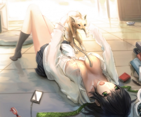 Anime CG Anime Pictures      181665
 668268   ( Anime CG Anime Pictures      ) 181665   : kikivi
black hair green eyes megane neko short skirt telephone   anime picture