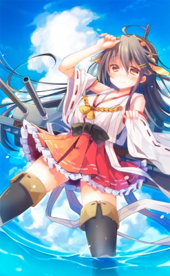 Kantai Collection : Haruna 181713
 668319  kantai collection  haruna   ( Anime CG Anime Pictures      ) 181713   : Oshio Shio
anthropomorphism black hair blush brown eyes hairpins headdress long skirt sky smile thigh highs water weapon   anime picture