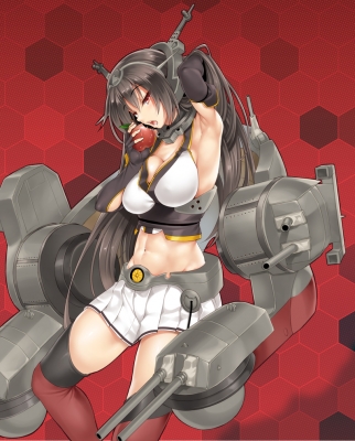 Kantai Collection : Nagato 181761
 668366  kantai collection  nagato   ( Anime CG Anime Pictures      ) 181761   : Kure Masahiro
anthropomorphism black hair eating gloves band long red eyes skirt thigh highs weapon   anime picture