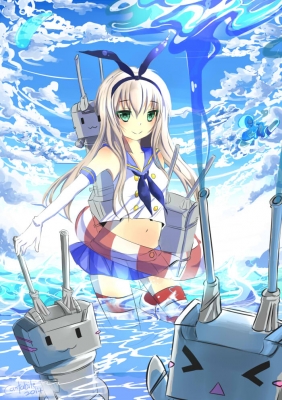 Kantai Collection : Rensouhou chan Shimakaze 181765
 668369  kantai collection  rensouhou chan shimakaze   ( Anime CG Anime Pictures      ) 181765   : cantabile94
:3 >,_<, anthropomorphism bikini blonde hair gloves green eyes band long skirt smile thigh highs water float weapon   anime picture