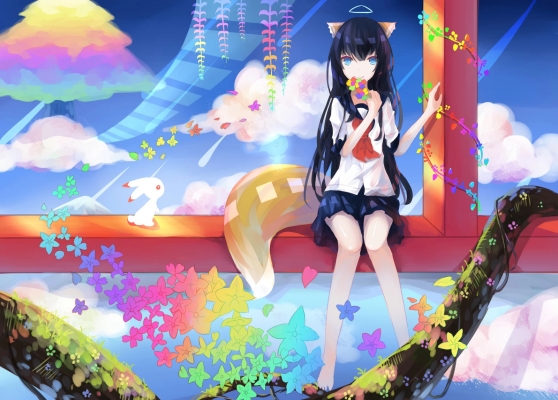 Anime CG Anime Pictures      181843
 668452   ( Anime CG Anime Pictures      ) 181843   : .L.L
barefoot black hair blue eyes flower kitsune mimi long seifuku sky smile tail usagi   anime picture