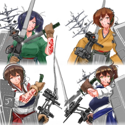 Kantai Collection : Akagi Hiryuu Kaga Souryuu 182180
 668794  kantai collection  akagi hiryuu kaga souryuu   ( Anime CG Anime Pictures      ) 182180   : SGT.Size
anthropomorphism blue hair bow and arrow brown eyes gloves group headphones long short side tail skirt tattoo twin tails weapon yellow   anime picture