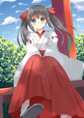 Anime CG Anime Pictures      182372
 668992   ( Anime CG Anime Pictures      ) 182372   : Cha  korone ze 
bells black hair blue eyes blush hakama long miko ribbon sandals sky smile twin tails   anime picture