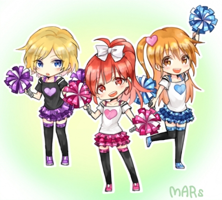 Pretty Rhythm : Amamiya Rizumu Harune Aira Takamine Mion 182580
 669218  pretty rhythm  amamiya rizumu harune aira takamine mion   ( Anime CG Anime Pictures      ) 182580   : Haruki  Pixiv 1181112 
blonde hair blue eyes brown cheerleader group happy heart long orange red ribbon short side tail thigh highs   anime picture