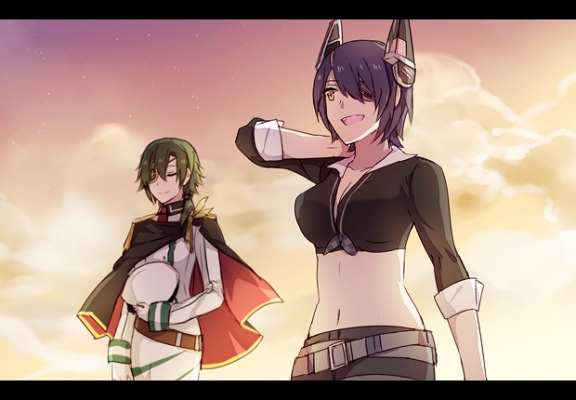 Kantai Collection : Kiso Tenryuu 183249
 669875  kantai collection  kiso tenryuu   ( Anime CG Anime Pictures      ) 183249   : Tao Lu Guozi
anthropomorphism black hair eyepatch gloves green happy hat short sky smile sunset uniform yellow eyes   anime picture