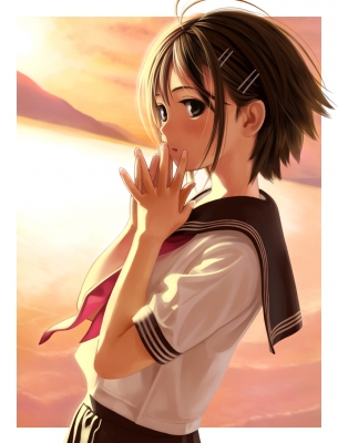 The Idolmaster : Kikuchi Makoto 183255
 669885  the idolmaster  kikuchi makoto   ( Anime CG Anime Pictures      ) 183255   : Nekopuchi
ahoge blush brown eyes hair hairpins short sky sunset water   anime picture