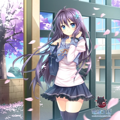 Anime CG Anime Pictures      183477
 670100   ( Anime CG Anime Pictures      ) 183477   : Shoufukucho
ahoge blue eyes blush hairpins long hair purple sakura school bag seifuku sky smile thigh highs tree   anime picture