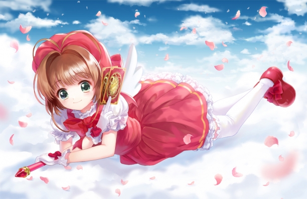 Cardcaptor Sakura : Kinomoto Sakura 183554
 670191  cardcaptor sakura  kinomoto sakura   ( Anime CG Anime Pictures      ) 183554   : Moai
ahoge blush brown hair card dress gloves green eyes hat mahou shoujo ribbon sakura short sky smile thigh highs wand wings   anime picture