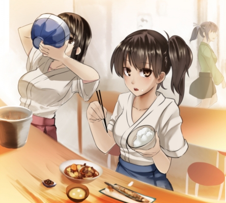 Kantai Collection : Akagi Kaga Souryuu 183814
 670455  kantai collection  akagi kaga souryuu   ( Anime CG Anime Pictures      ) 183814   : Mikuri Uni
anthropomorphism black hair blush brown eyes eating food group long short side tail skirt   anime picture